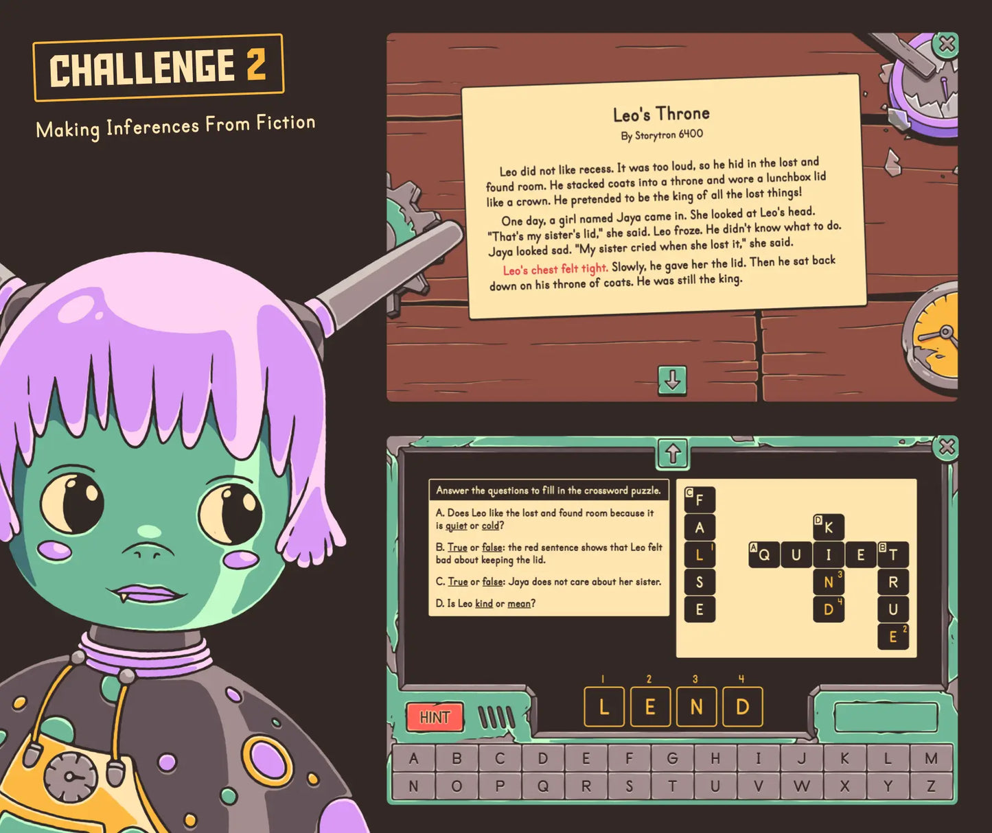 Virtual making inferences from fiction game for 2nd and 3rd grade, with a multiple-choice quiz.