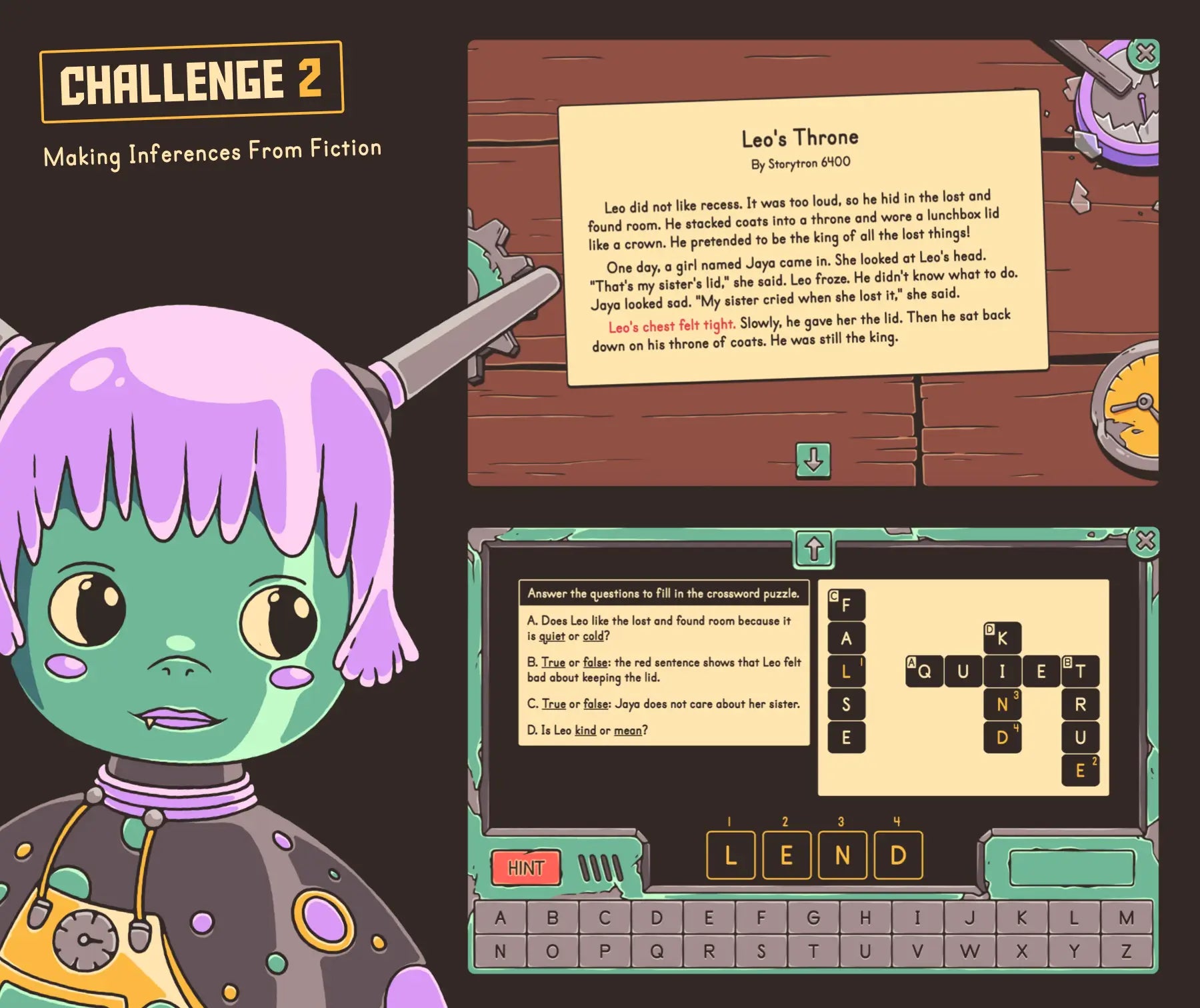 Virtual making inferences from fiction game for 2nd and 3rd grade, with a multiple-choice quiz.