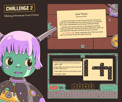 Virtual making inferences from fiction game for 2nd and 3rd grade, with a multiple-choice quiz.