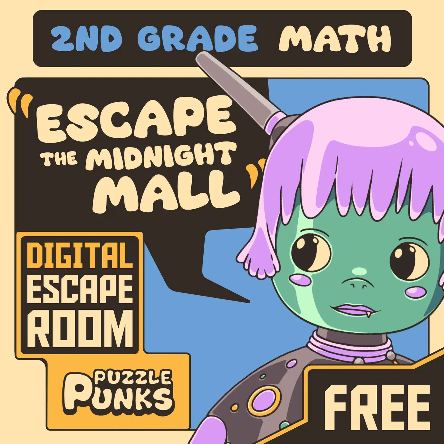 Free digital 2nd grade math escape room, with the title "Puzzle Punks: Escape the Midnight Mall."