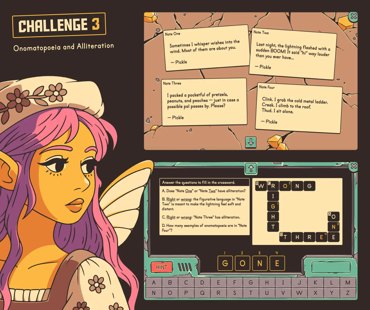 Digital 4th & 5th grade figurative language escape room activity covering onomatopoeia and alliteration skills.