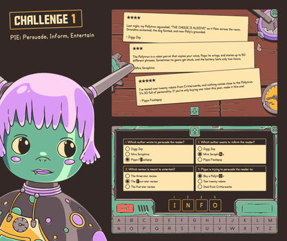 Online reading escape room activity covering the topics of PIE: persuade, inform, and entertain.