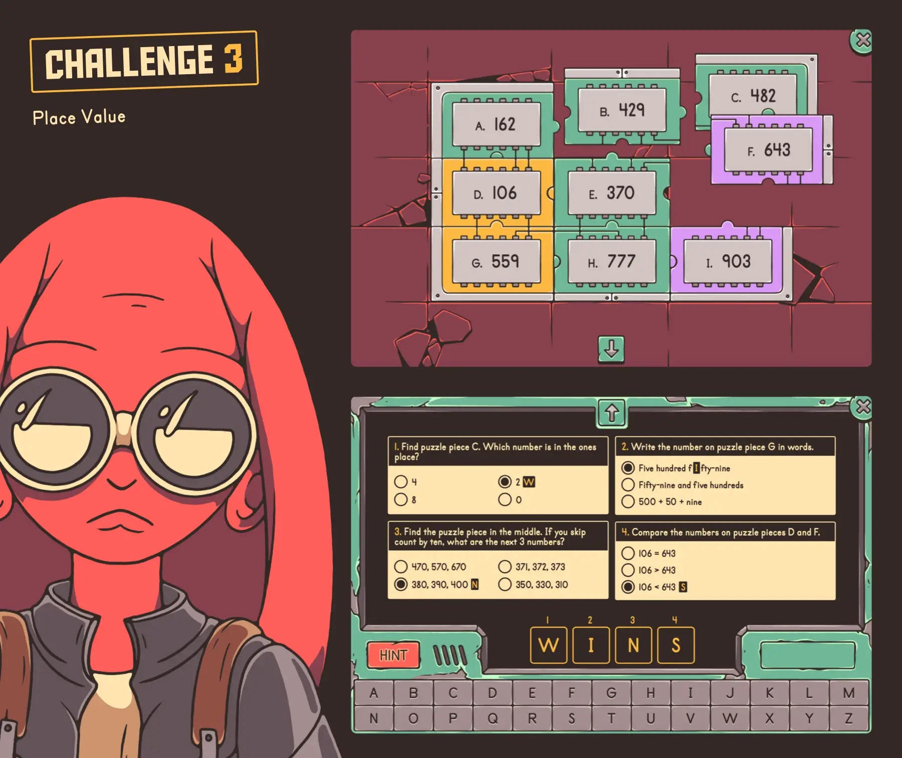 Free educational game for 2nd grade place value, with a puzzle and multiple-choice quiz.