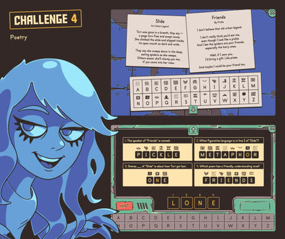 Digital poetry review game focused on speaker, figurative language, stanzas, and tone — with a secret code and cryptogram section.