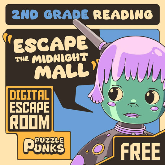 Free digital 2nd grade reading comprehension escape room, with the title "Puzzle Punks: Escape the Midnight Mall."