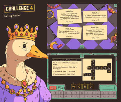 Digital solving riddles game with 4th and 5th grade making inferences questions and a crossword puzzle.
