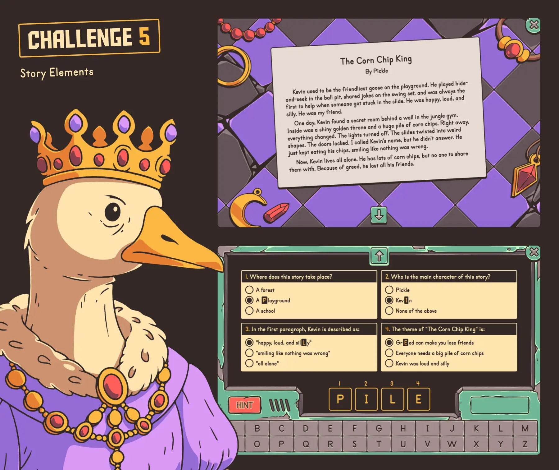 Digital story elements escape room activity for 3rd grade reading, with  short narrative story and multiple-choice section.