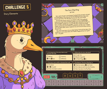 Virtual 4th grade story elements game with a short story and multiple choice quiz.