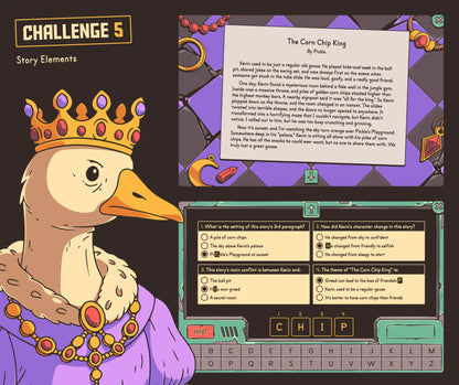 Digital story elements escape room activity for 5th grade reading, with  short narrative story and multiple-choice section.