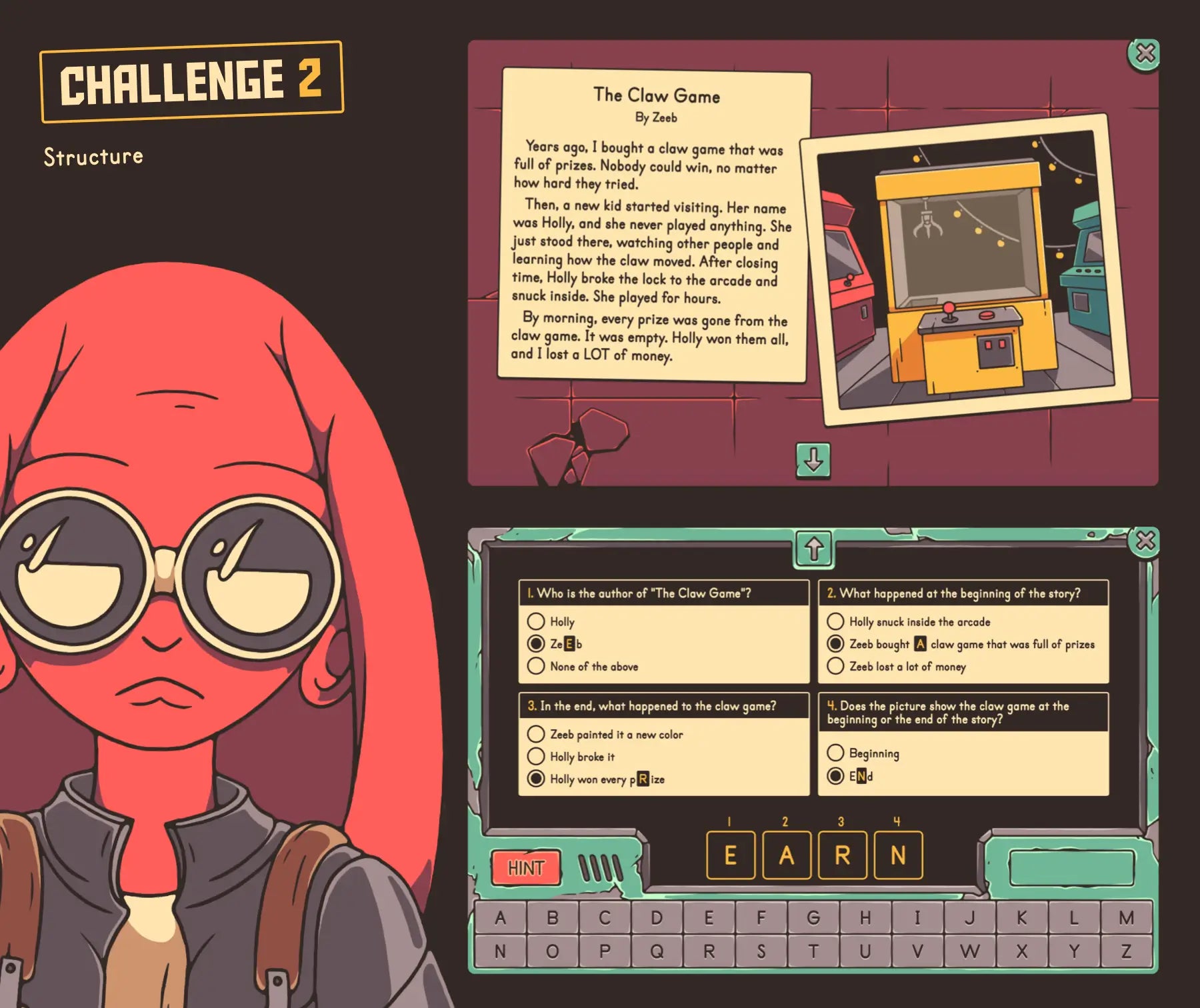Virtual 2nd & 3rd grade story structure game with a reading comprehension passage and illustration.