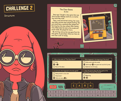 Virtual 2nd & 3rd grade story structure game with a reading comprehension passage and illustration.