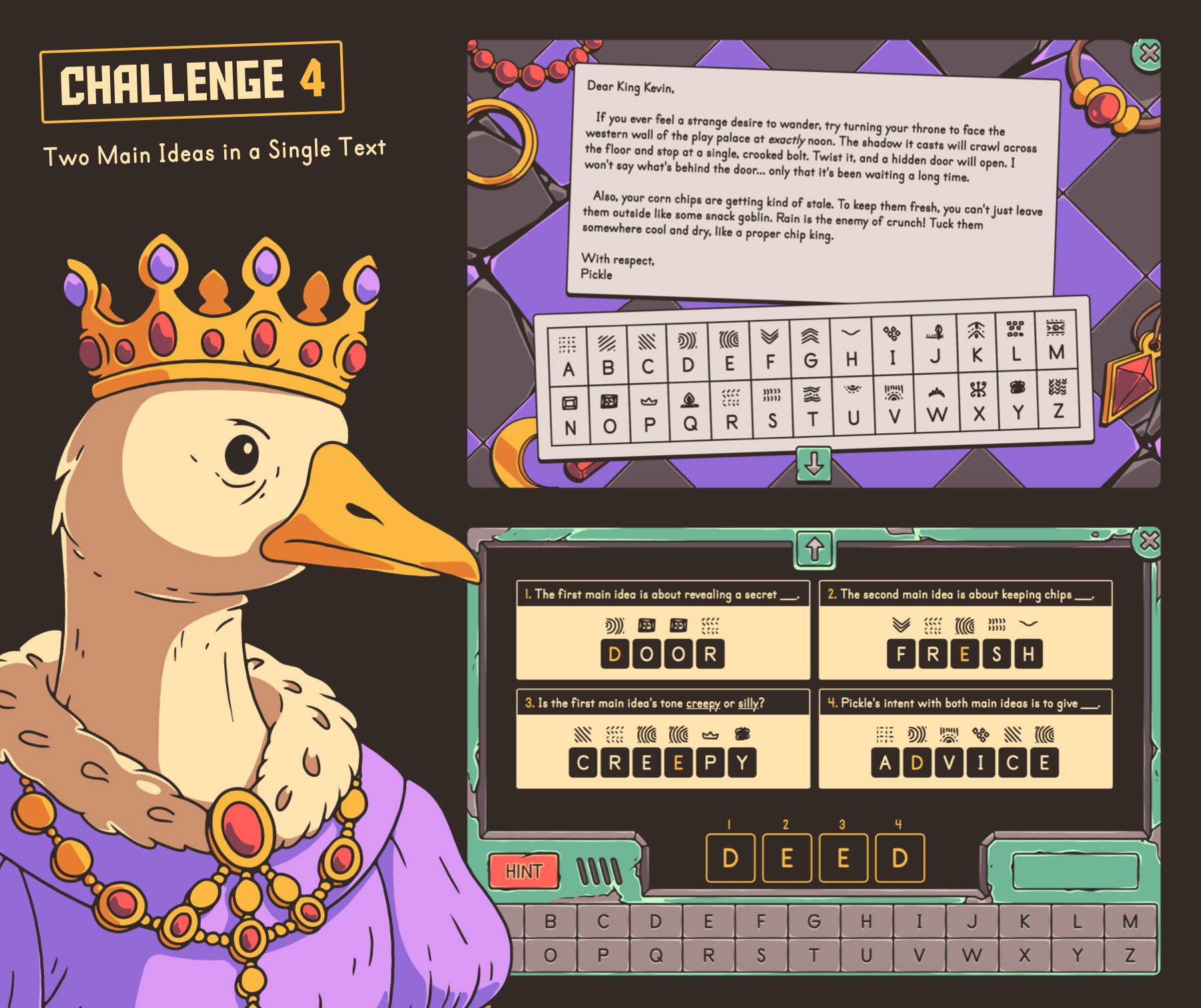 Digital reading escape room challenge focused on two main ideas of a single text, with a cryptogram and secret code.