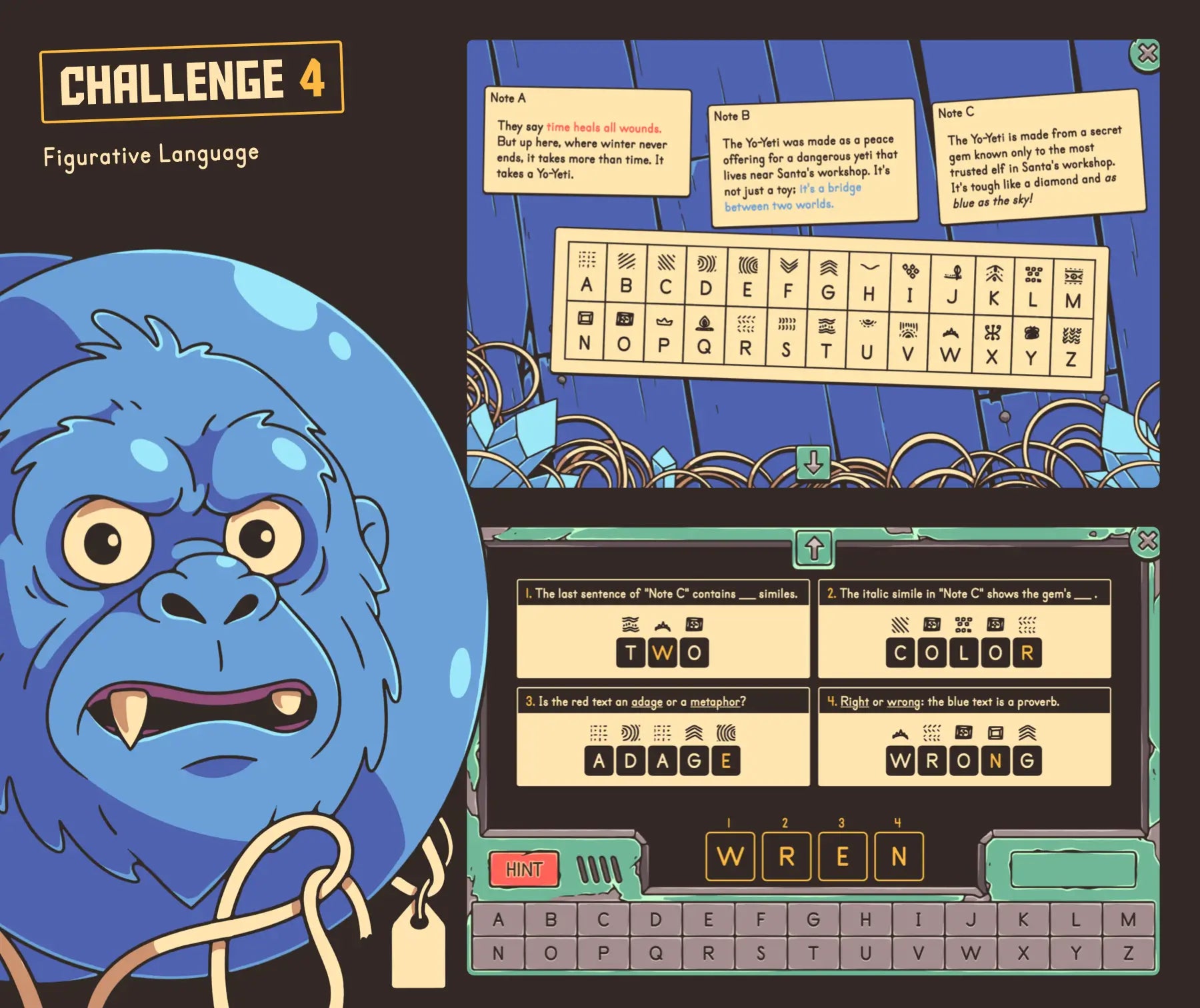 Digital figurative language classroom escape room, with fourth grade Christmas reading comprehension passages and secret code activity.