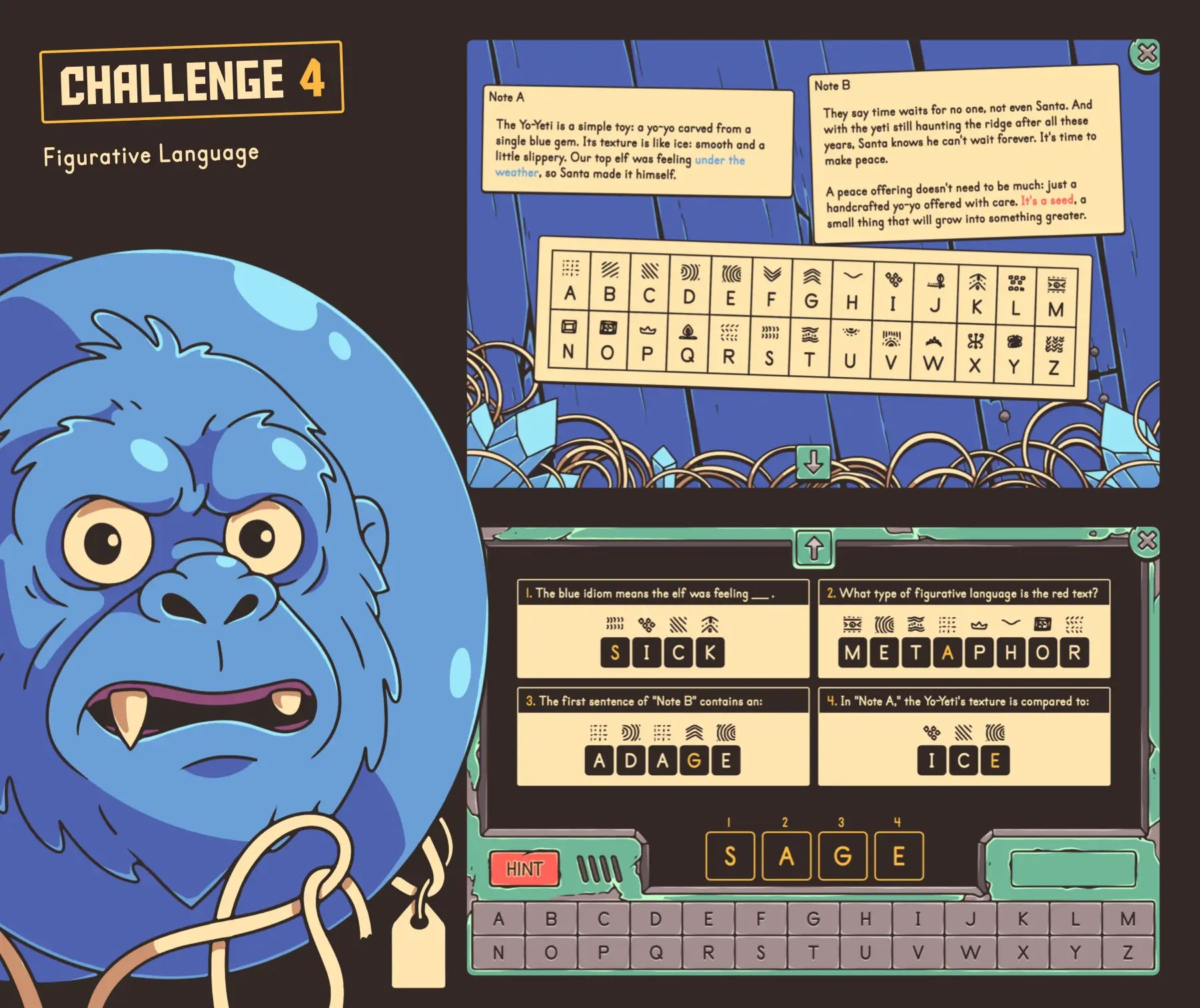 Digital figurative language classroom escape room, with fifth grade Christmas reading comprehension passages and secret code activity.