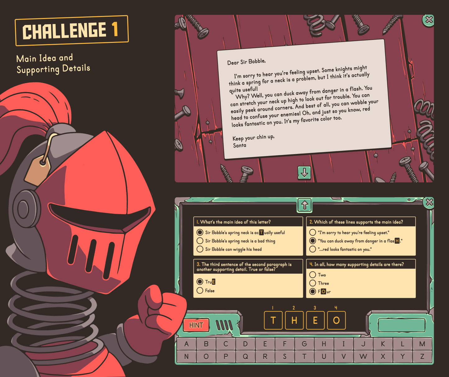 Virtual Christmas main idea and supporting details escape room activity with a 4th grade reading comprehension passage and multiple-choice quiz.