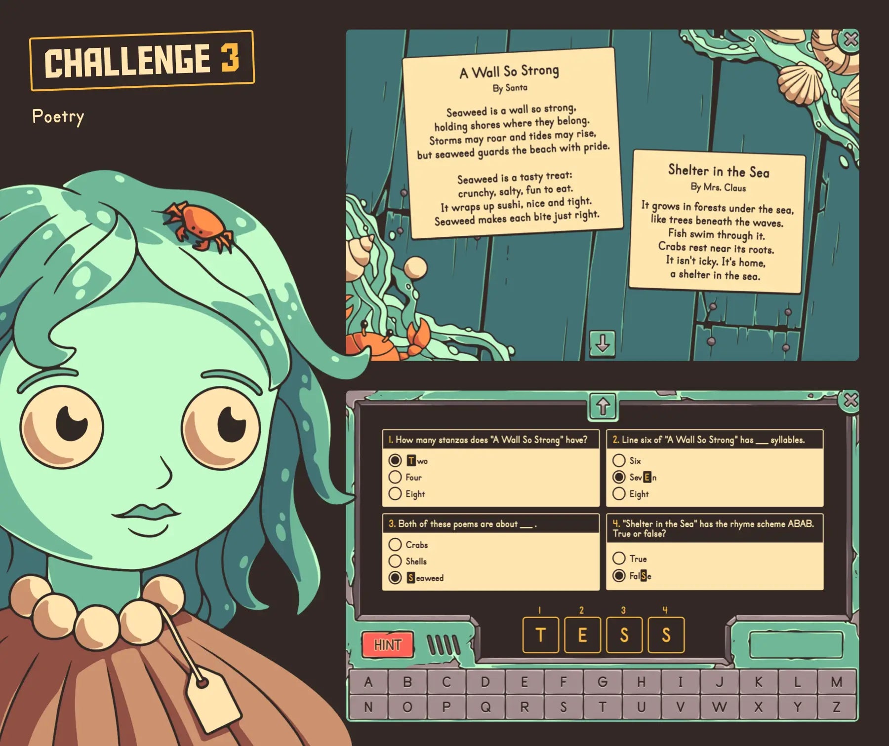 Online Christmas poetry activity for 3rd grade ELA review, with two poems and a multiple-choice quiz section.