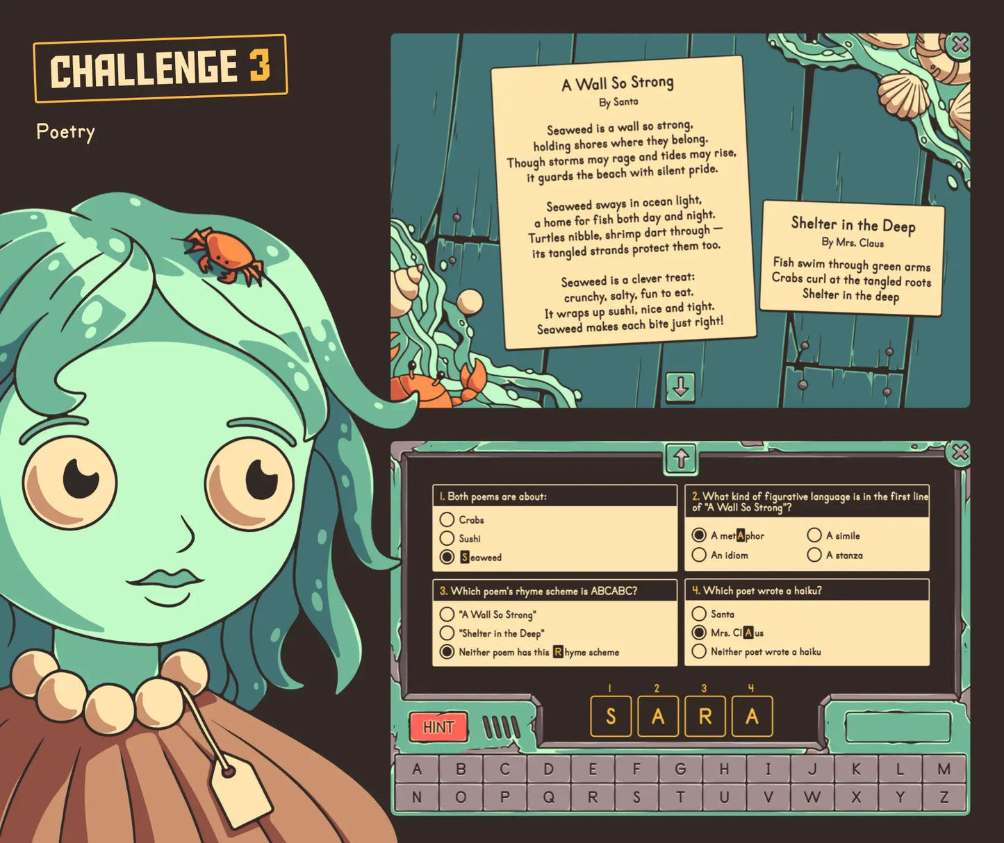 Online Christmas poetry activity for 4th grade ELA review, with two poems and a multiple-choice quiz section.