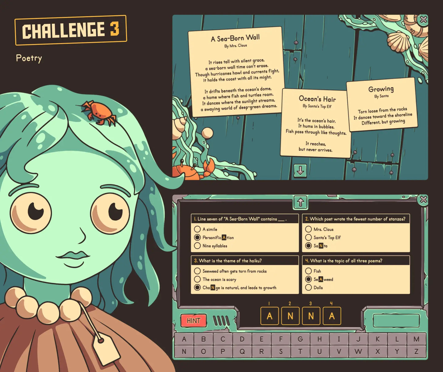 Online Christmas poetry activity for 5th grade ELA review, with two poems and a multiple-choice quiz section.