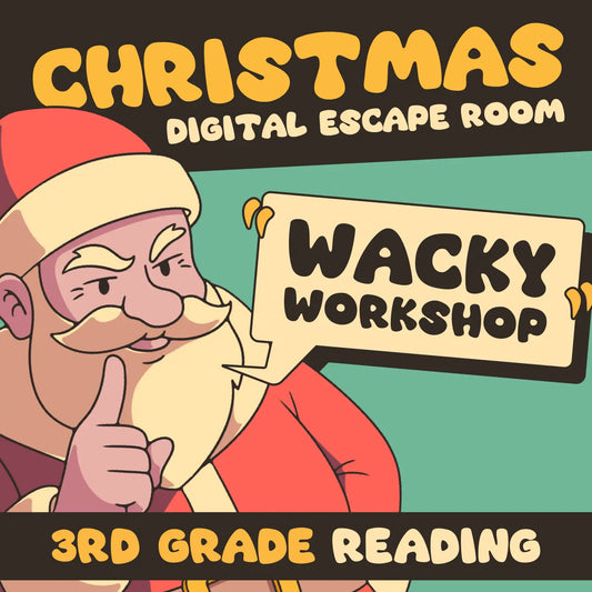 Online Christmas reading escape room game covering 3rd grade ELA skills, entitled "Puzzle Punks: Wacky Workshop."