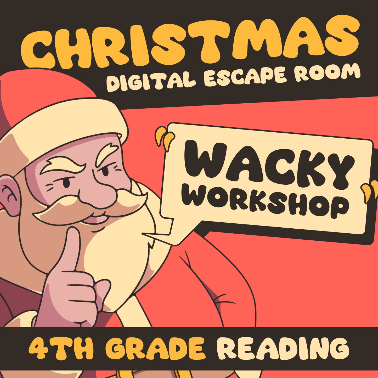 Online Christmas reading escape room game covering 4th grade ELA skills, entitled "Puzzle Punks: Wacky Workshop."