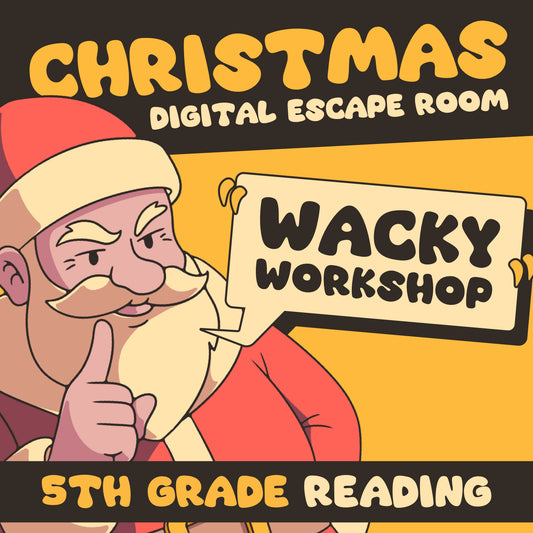 Online Christmas reading escape room game covering 5th grade ELA skills, entitled "Puzzle Punks: Wacky Workshop."