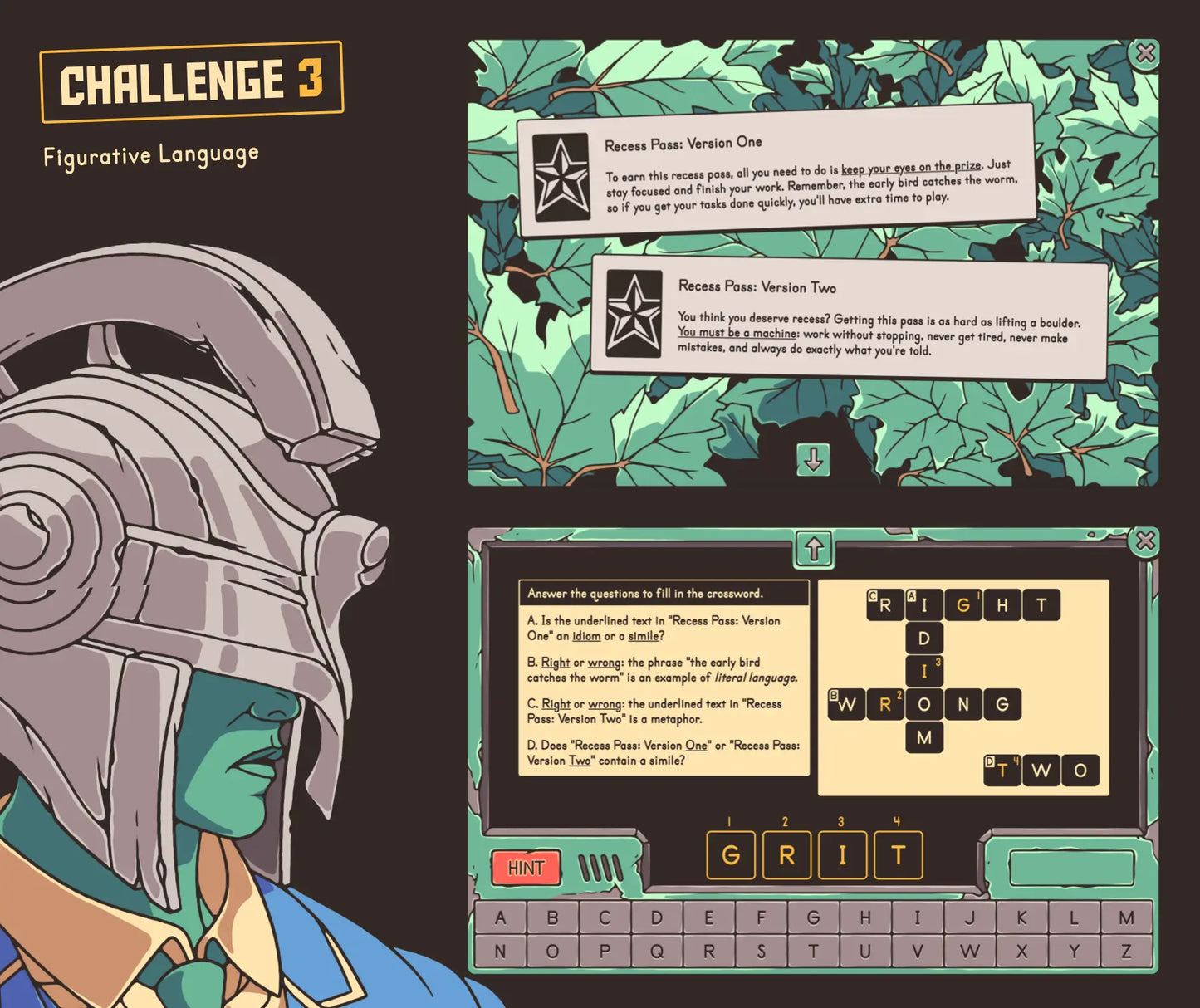 Online "escape the school" reading comprehension game covering 4th grade figurative language.