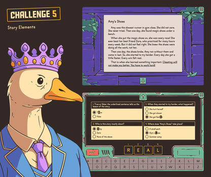 Online end-of-year escape room for second grade classrooms, with a story elements challenge and multiple-choice quiz.