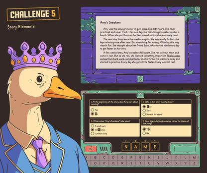 Online end-of-year escape room for third grade classrooms, with a story elements challenge and multiple-choice quiz.