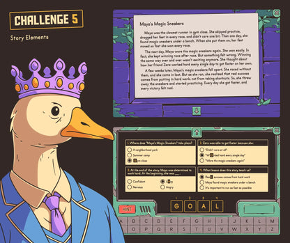 Online end-of-year escape room for fourth grade classrooms, with a story elements challenge and multiple-choice quiz.