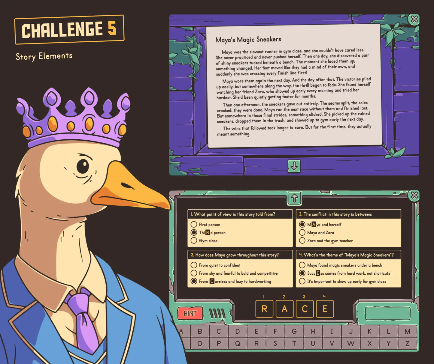 Online end-of-year escape room for fifth grade classrooms, with a story elements challenge and multiple-choice quiz.