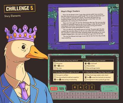 Online end-of-year escape room for fifth grade classrooms, with a story elements challenge and multiple-choice quiz.