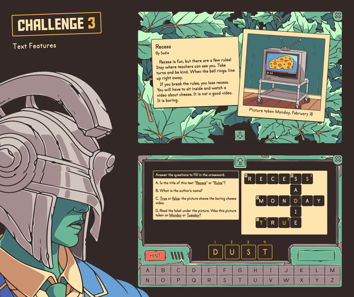 Online "escape the school" reading comprehension game covering 2nd grade text features.