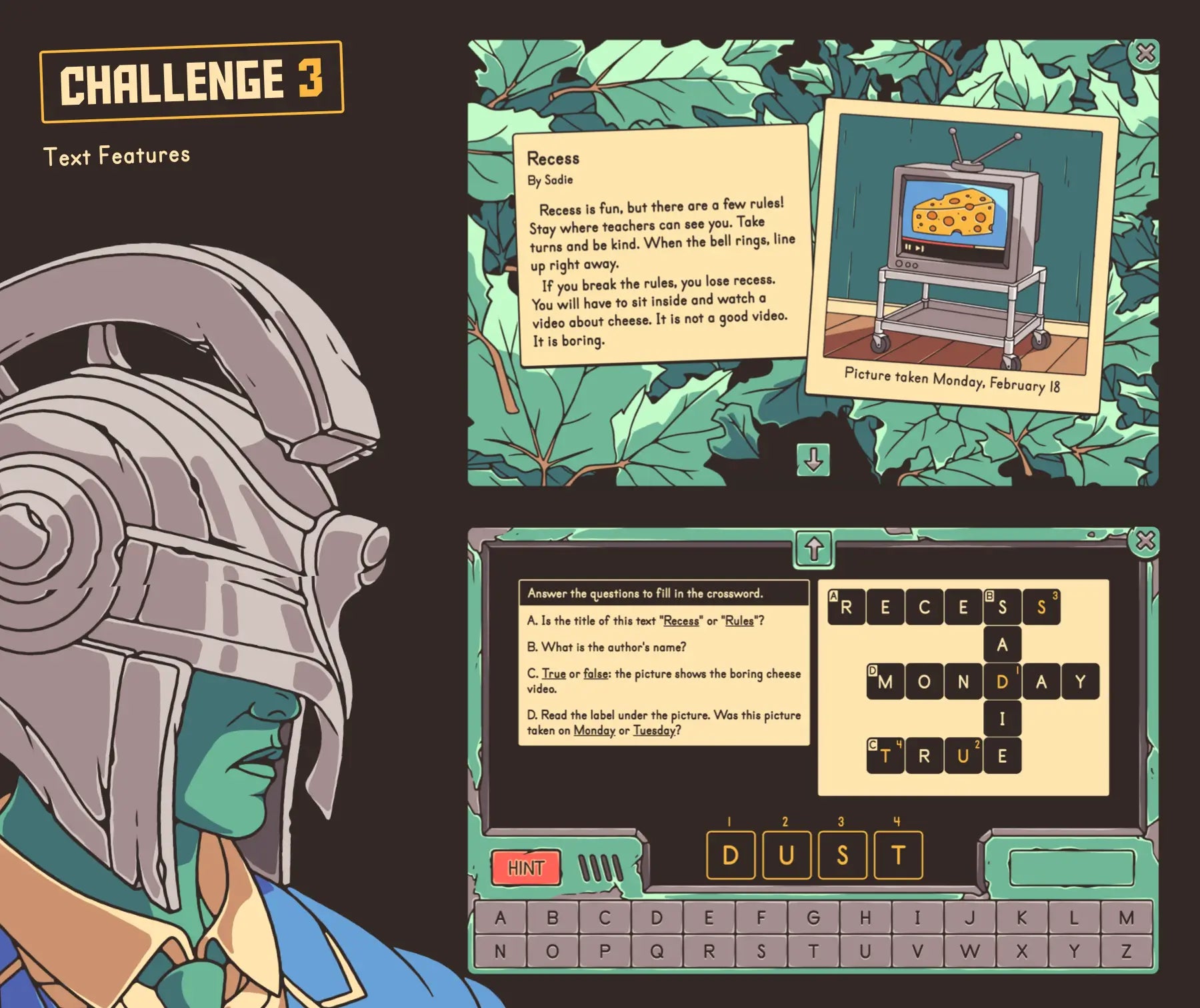 Online "escape the school" reading comprehension game covering 2nd grade text features.