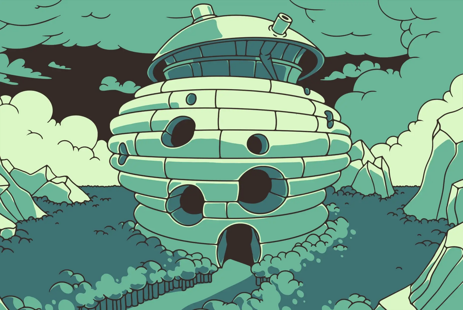 Bumbleburg Hive towering over a valley full of trees, the setting of Puzzle Punks spring learning games.