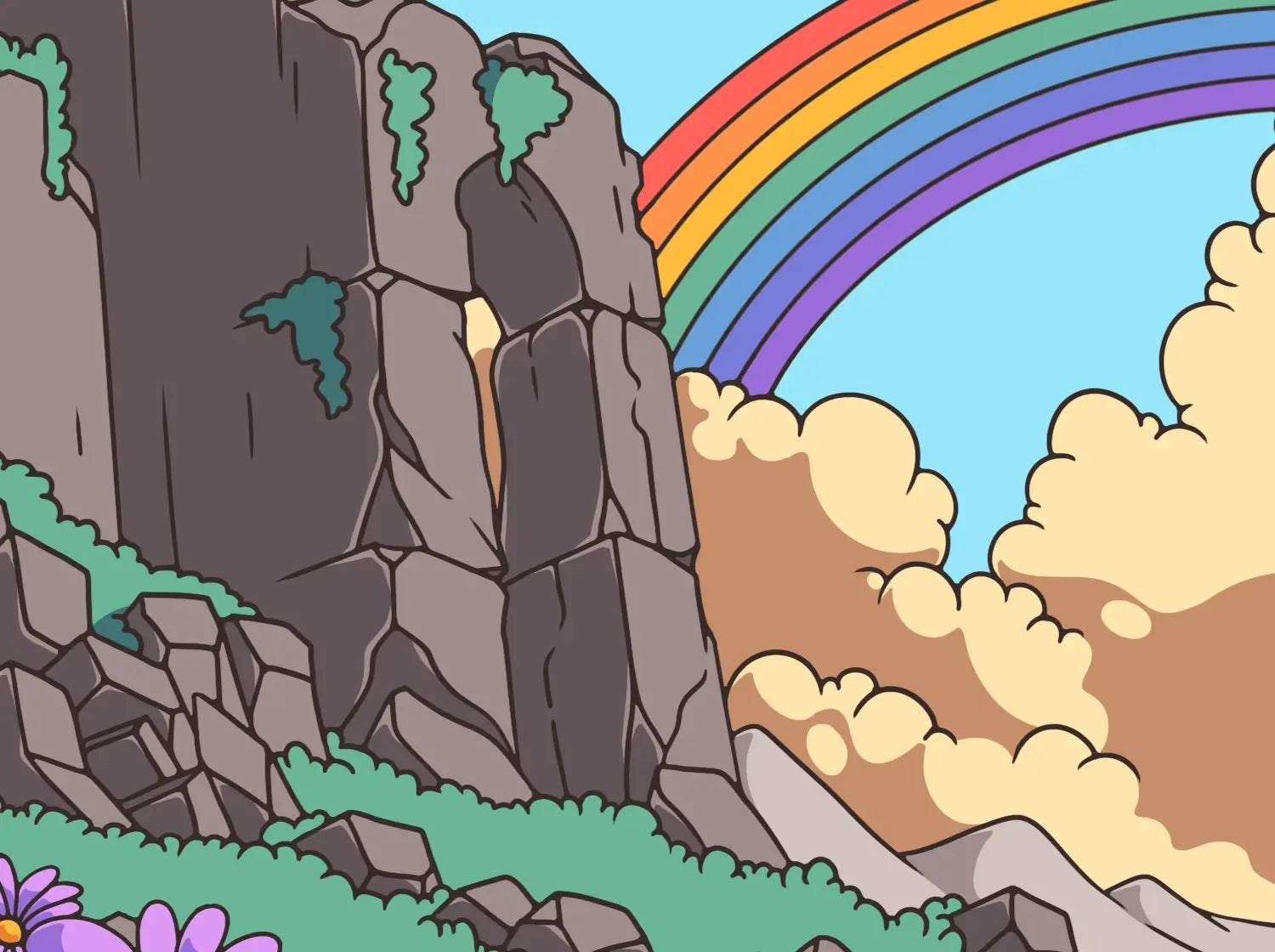 A rocky cliff in front of a rainbow cutting across a blue sky, the setting of Puzzle Punks St. Patrick's Day learning games.