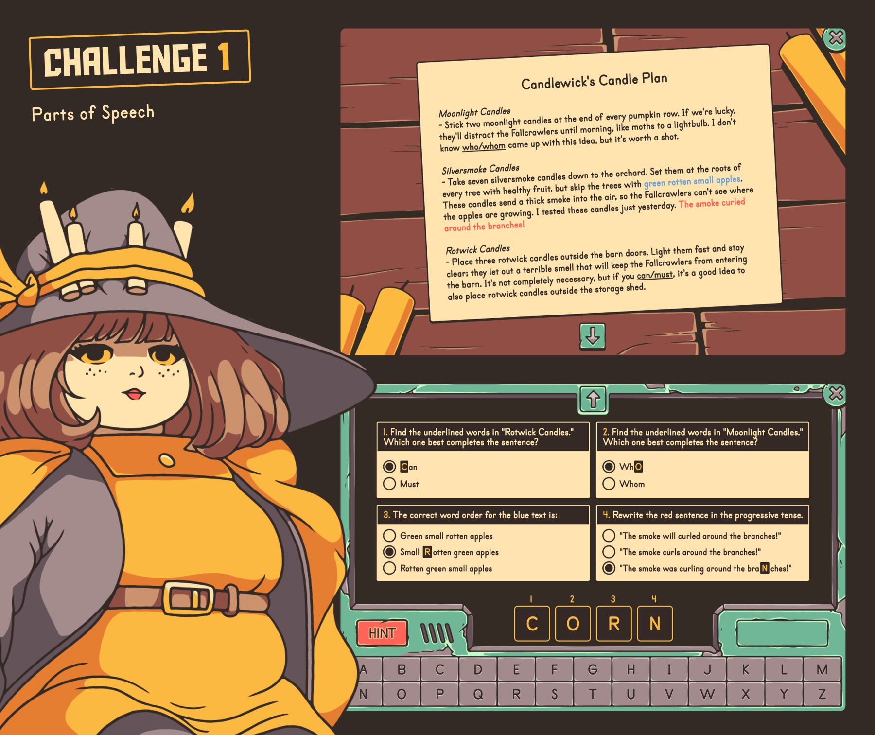 Online grammar escape room challenge covering 4th-5th grade parts of speech skills, with a fall theme and multiple-choice section.