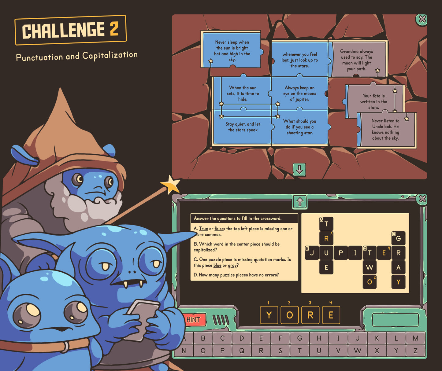 Virtual punctuation and capitalization escape room game, with an autumn puzzle and word search.