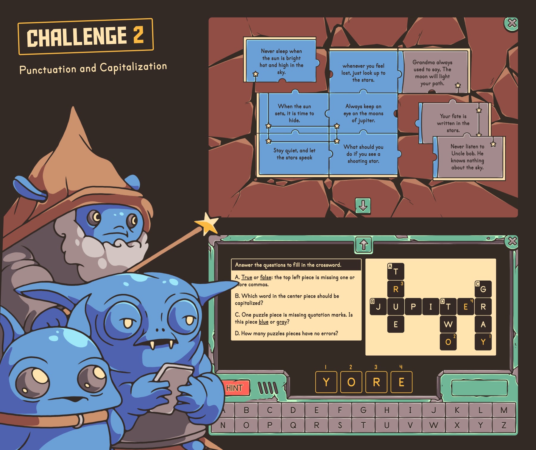 Virtual punctuation and capitalization escape room game, with an autumn puzzle and word search.