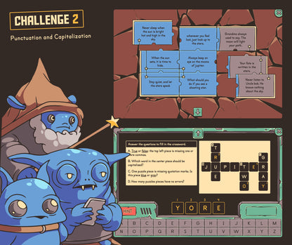 Virtual punctuation and capitalization escape room game, with an autumn puzzle and word search.