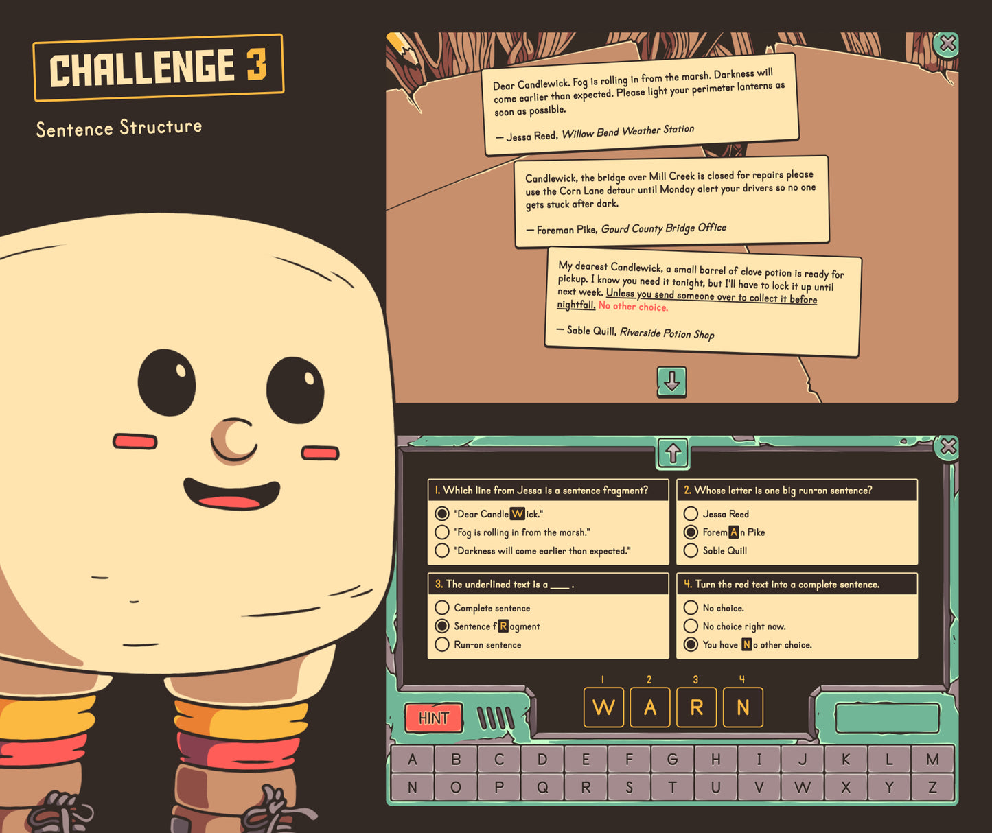Online fall grammar activity for 4th and 5th grade, with three reading comprehension passages focused on sentence structure.