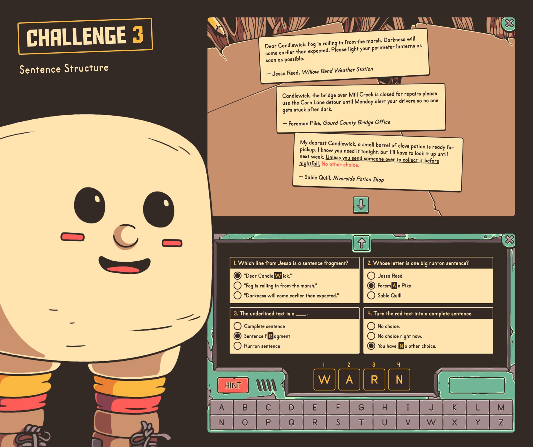 Online fall grammar activity for 4th and 5th grade, with three reading comprehension passages focused on sentence structure.