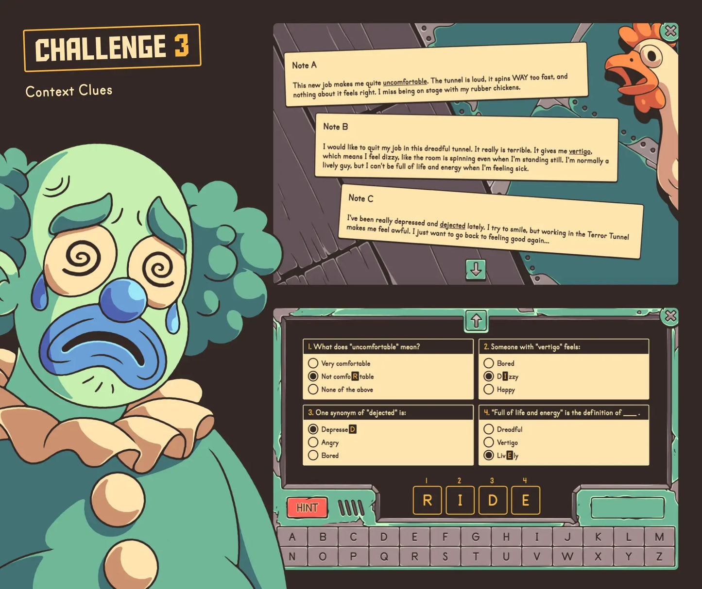 Online fourth grade context clues game for Halloween reading review, with a spooky clown and multiple-choice questions.