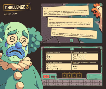 Online Halloween reading game focused on 5th grade context clues, with a creepy clown and multiple-choice quiz.
