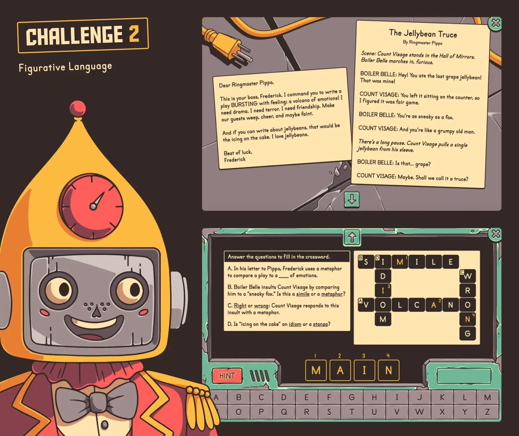 Digital Halloween figurative language reading game, with a crossword puzzle at a 4th grade level.