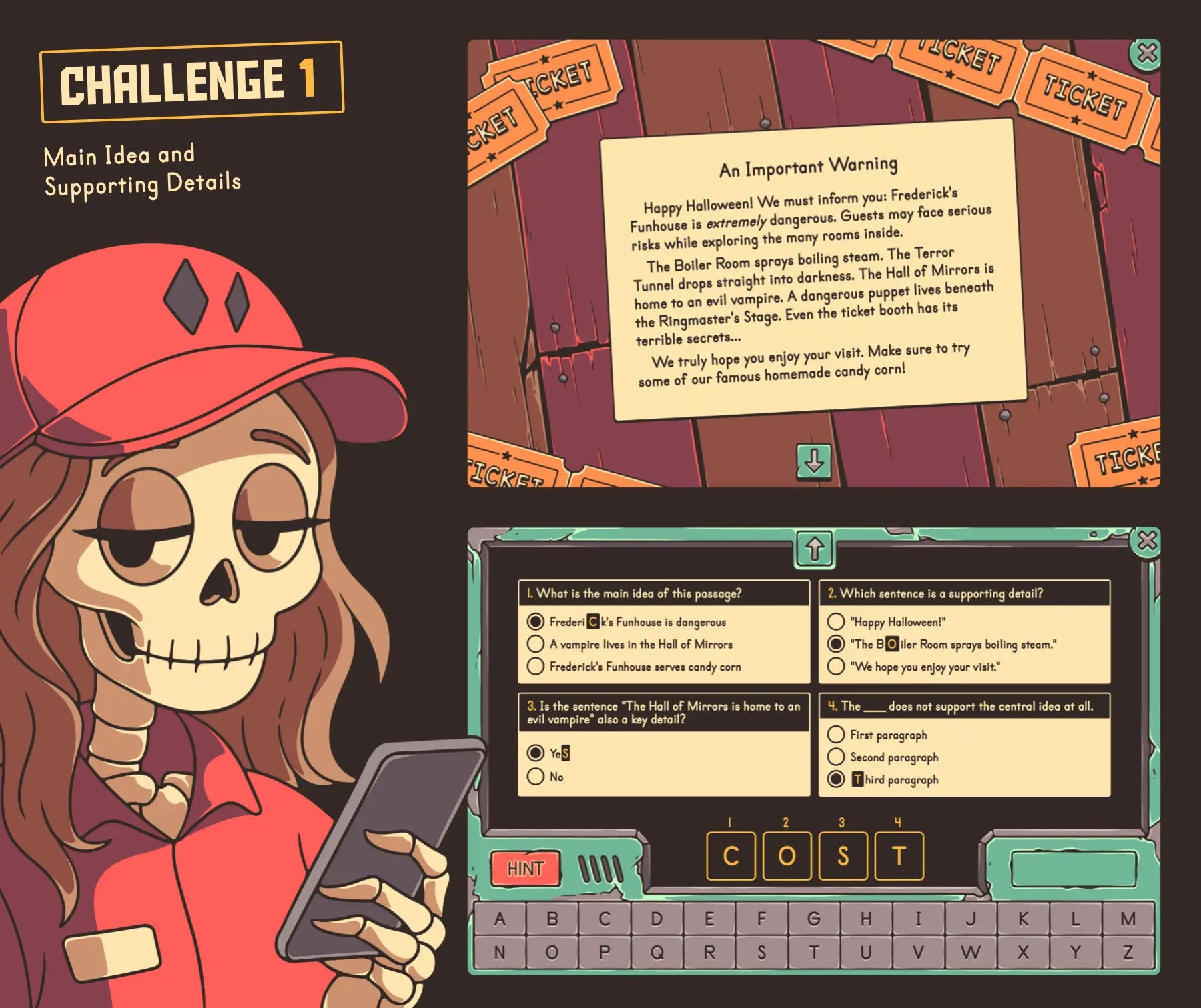 Online main idea and supporting details activity with a scary halloween theme and multiple-choice quiz section.