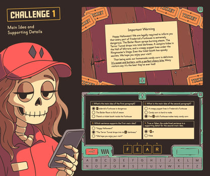 5th grade main idea and supporting details activity with a Halloween reading passage and multiple-choice questions.