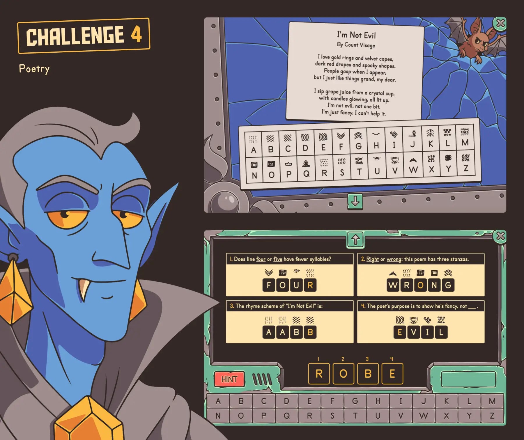 Virtual Halloween poetry review game for 4th grade English classrooms, with a secret code and cryptogram.