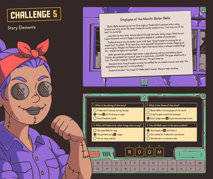 Scary story elements review activity for 5th grade reading comprehension, with a spooky Halloween theme.