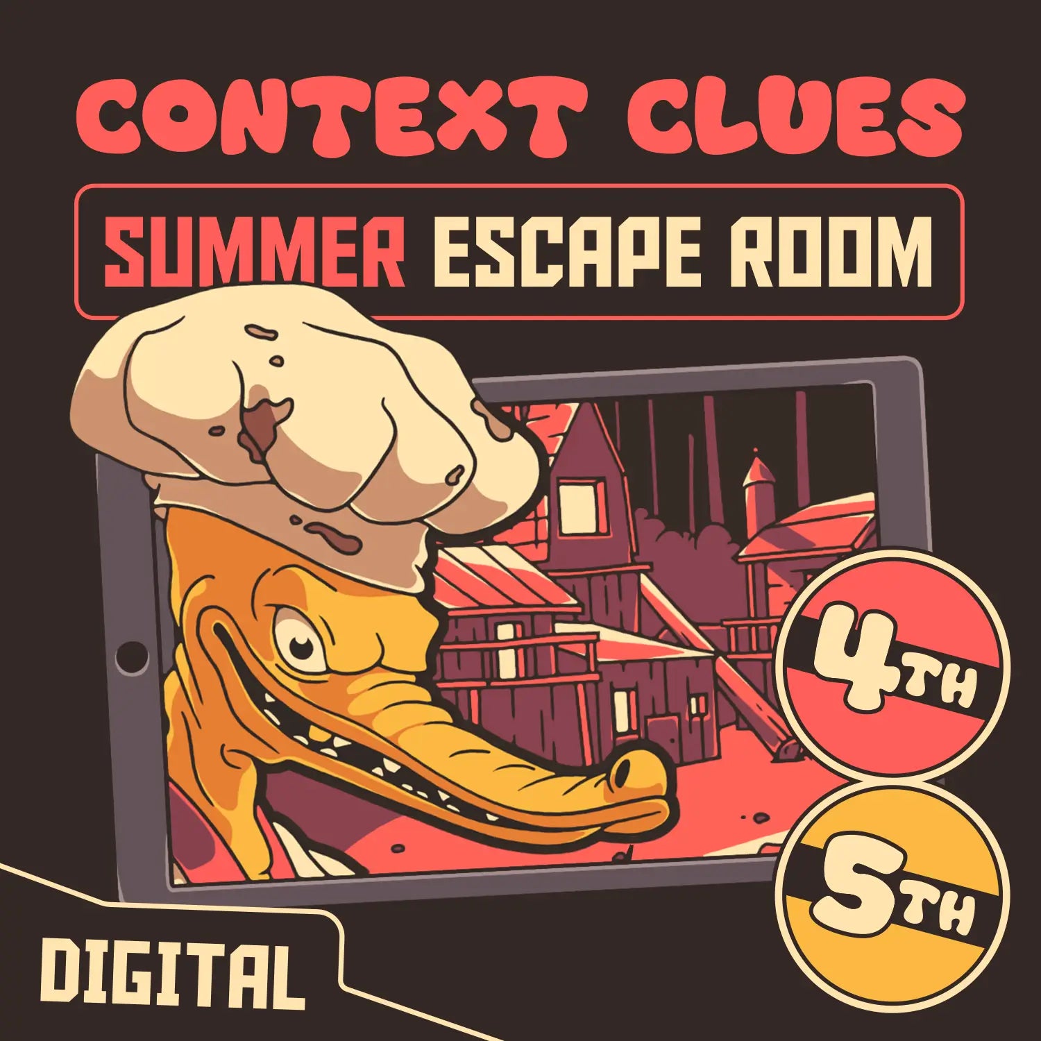 Digital 4th and 5th grade context clues escape room for summer and end-of-year test prep, with the title "Puzzle Punks: Camp Calamari."