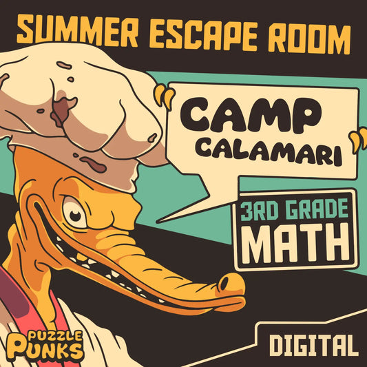 3rd grade summer escape room for math test prep, called "Puzzle Punks: Camp Calamari."